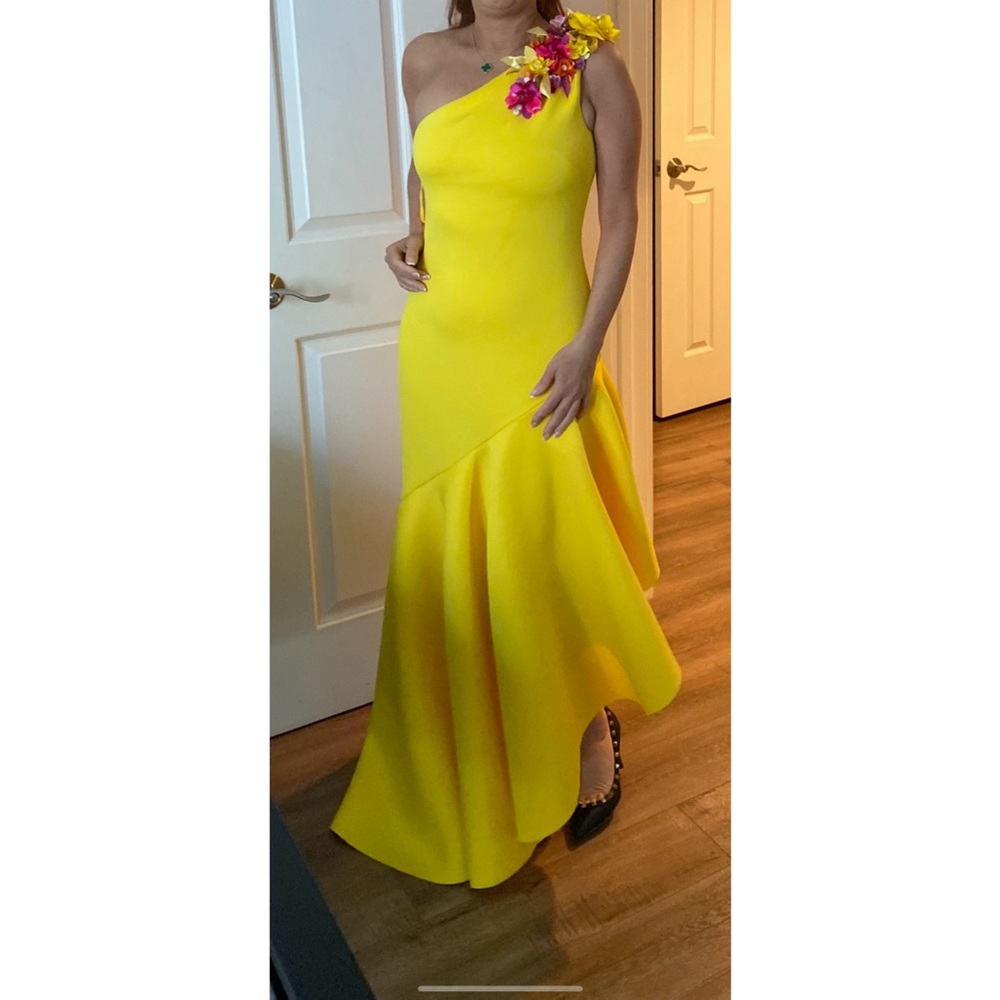 Badgley Mischka - Floral Appliqué Asymmetric Midi Dress